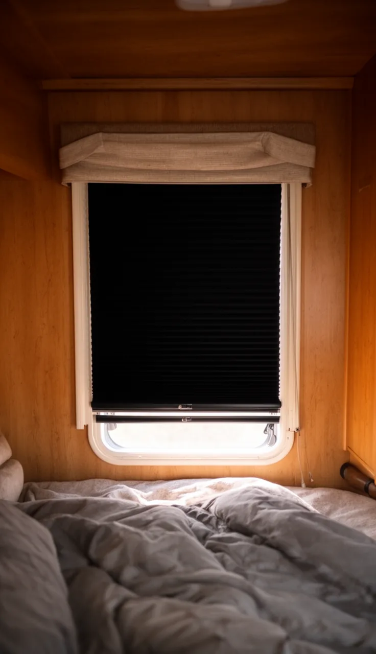 Blackout cellular shade fully lowered over a camper bedroom window for a dark restful nook