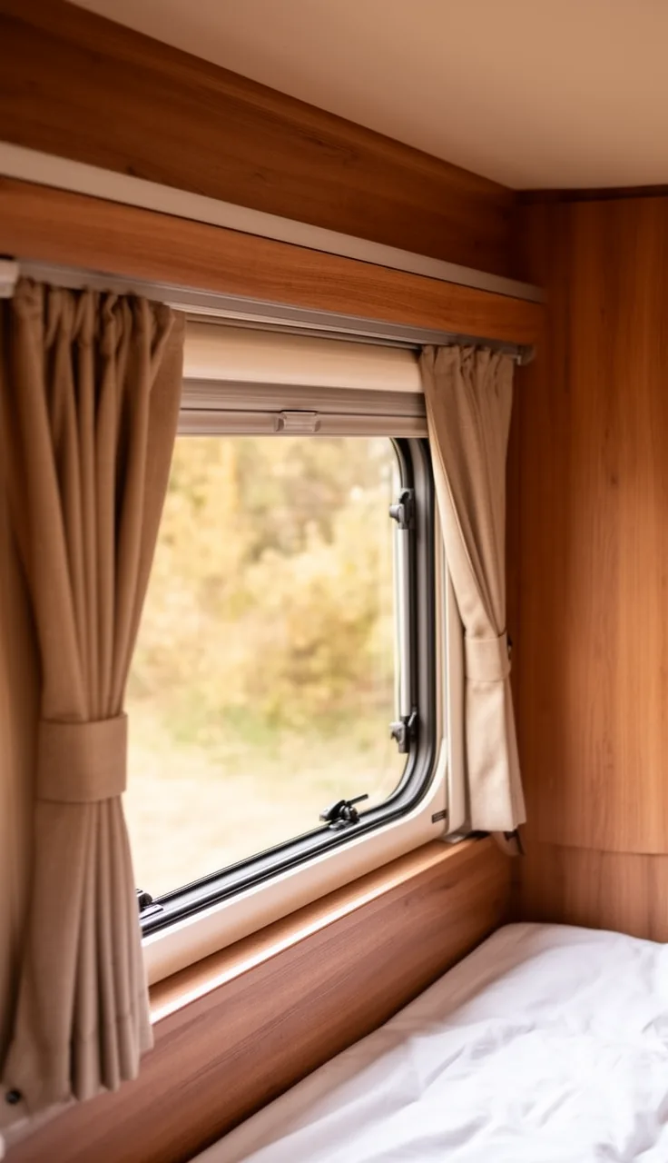 Flexible curtain track following a curved RV window with curtains gliding smoothly along it
