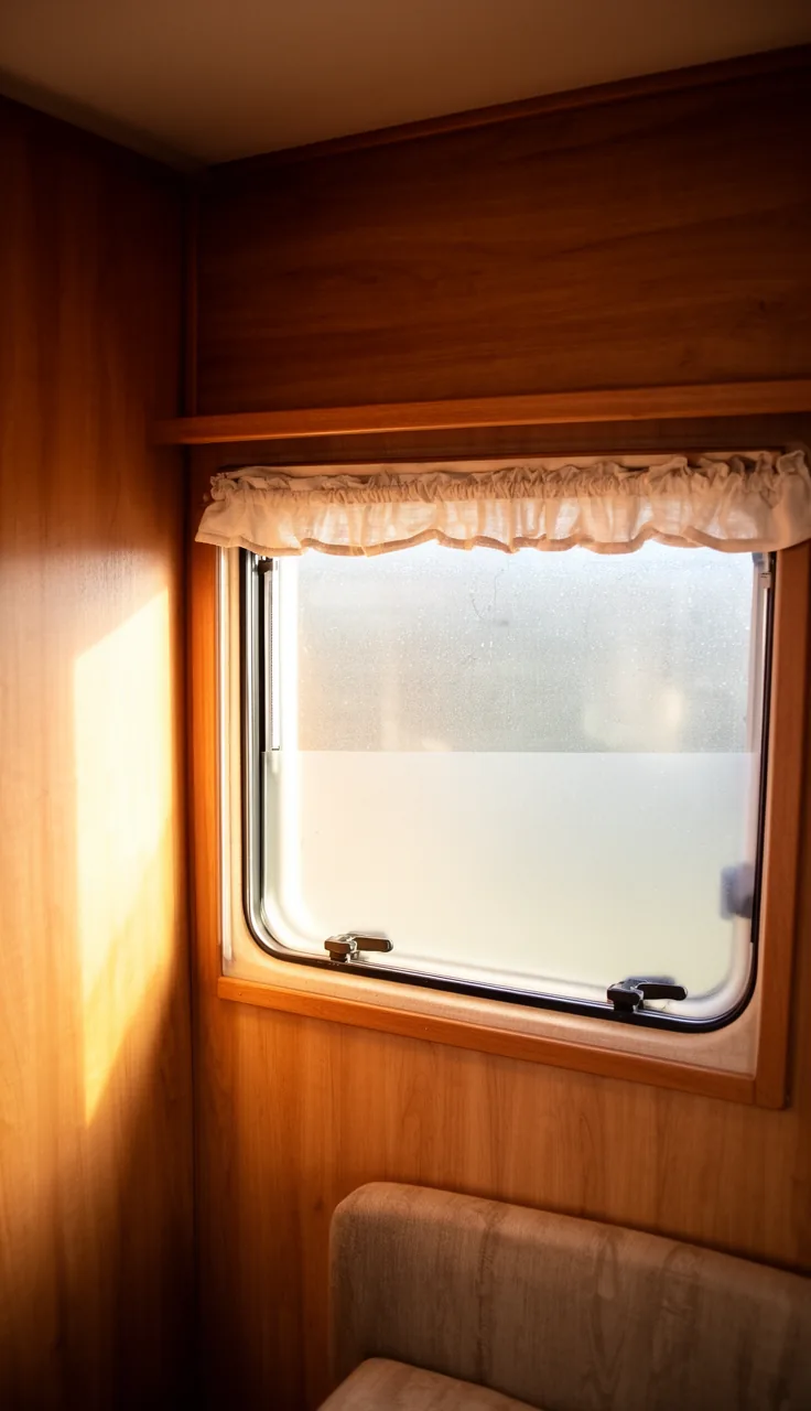 Frosted static-cling film on a camper window giving instant privacy while light glows through