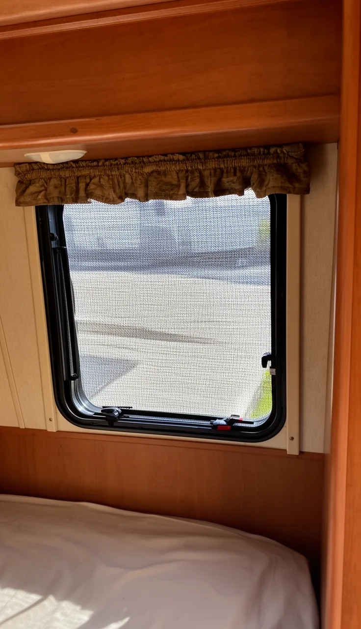 Exterior mesh sun shade over a large camper slider window keeping the interior cool