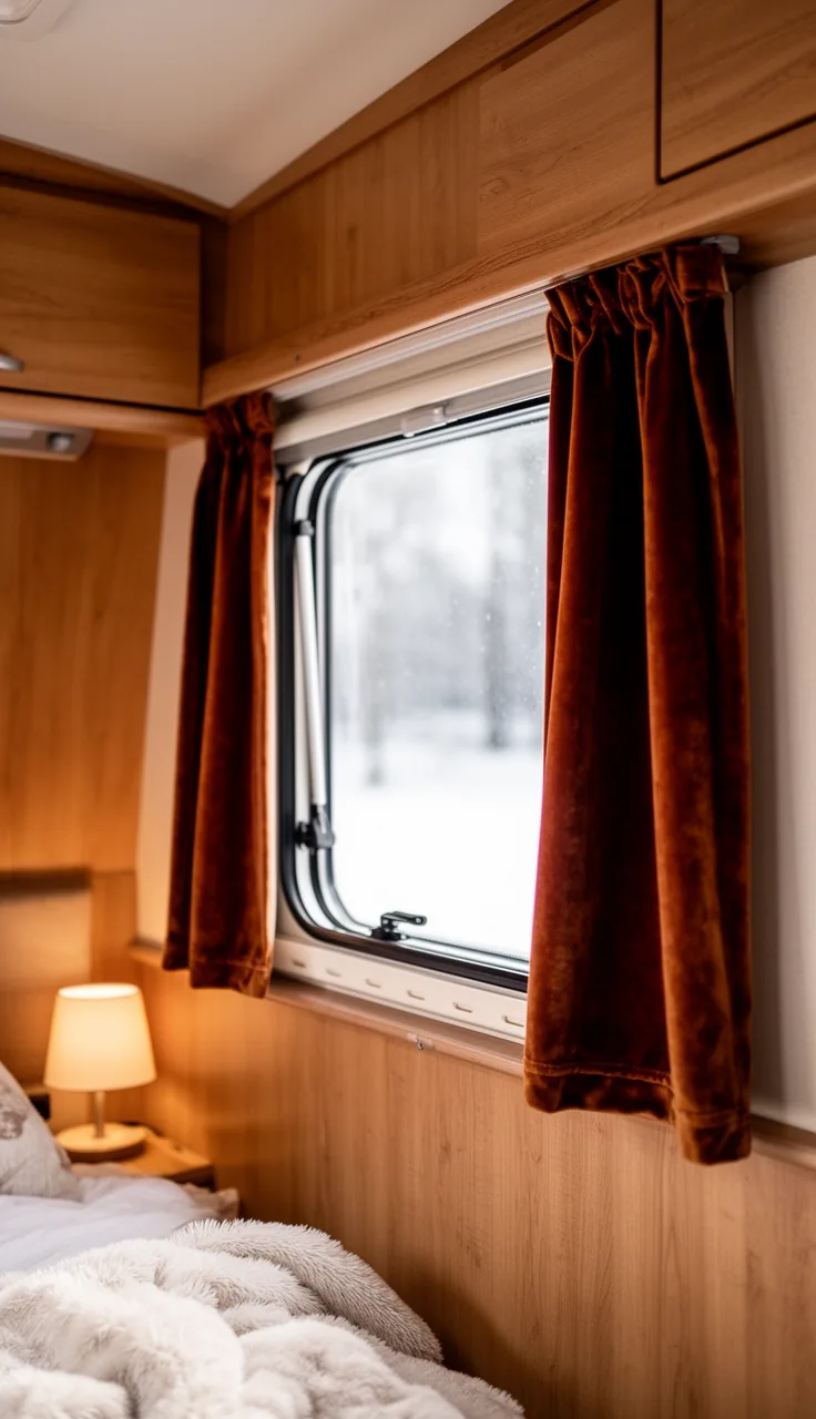 Rich velvet curtains in a deep warm tone bringing cozy weight to a cold-weather camper window