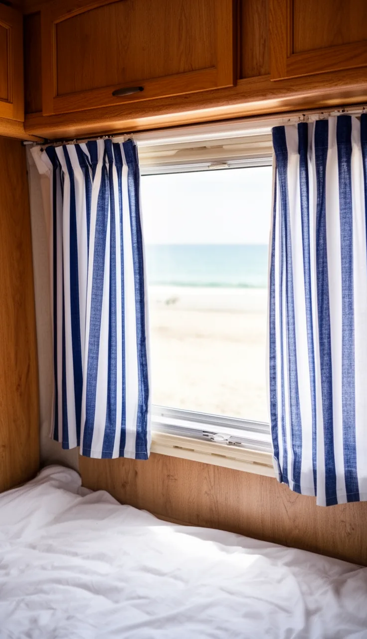 Crisp blue and white nautical stripe curtains giving a camper window a beachy coastal style