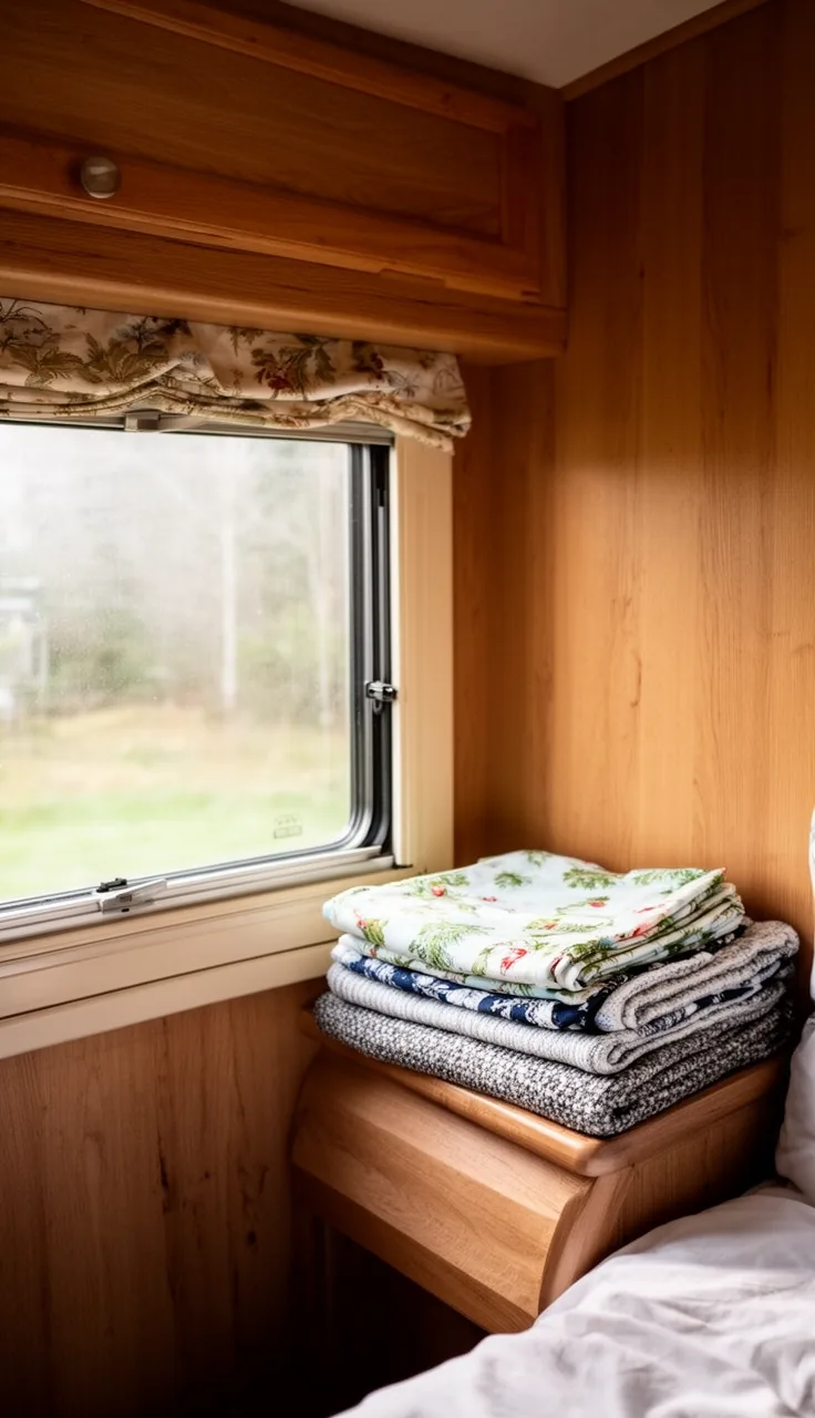 A small stack of folded seasonal camper curtains beside a window ready to swap with the season