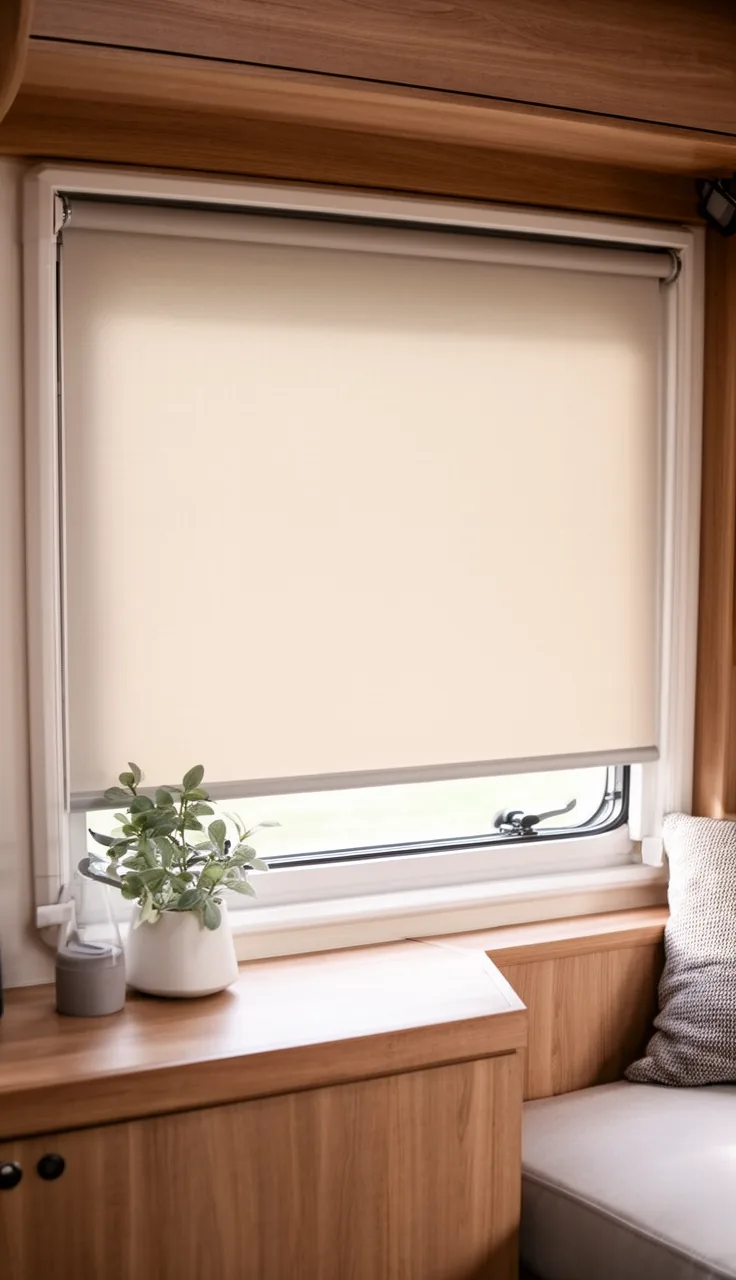 Neutral roller blind halfway down a tidy modern camper window