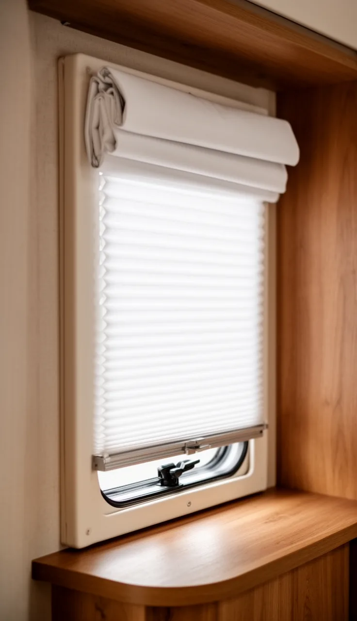 White pleated shade folded neatly at the top of a small RV window