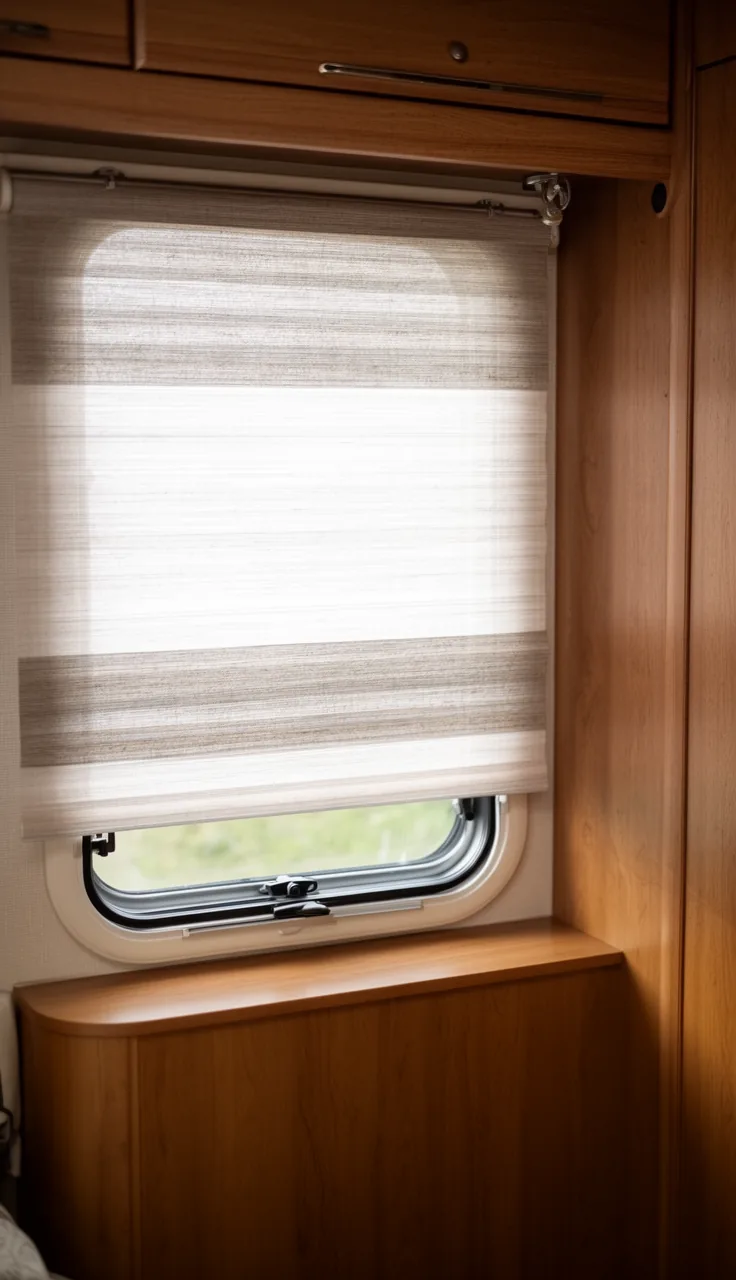 Day-night cellular shade with a sheer band over a camper window