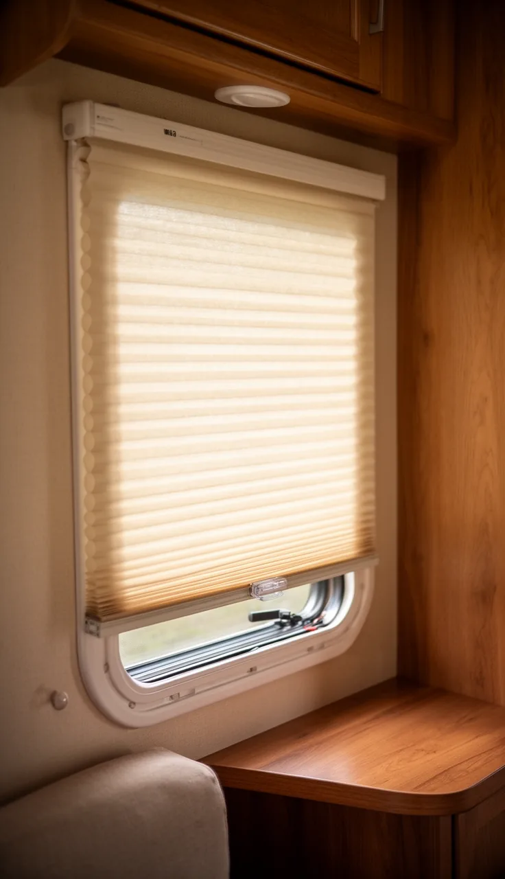 Cordless honeycomb cellular shade in warm ivory on a camper window