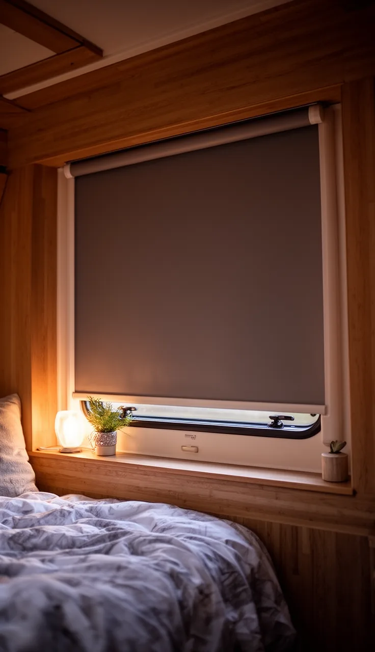 Roller blind fully down for privacy in a cozy camper bedroom nook at dusk