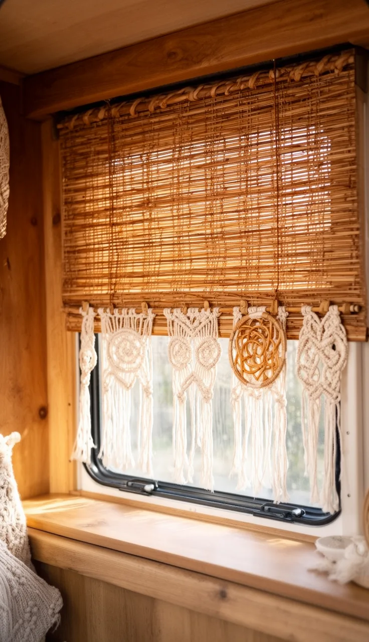 Woven wood blinds with macrame and rattan accents in a boho camper