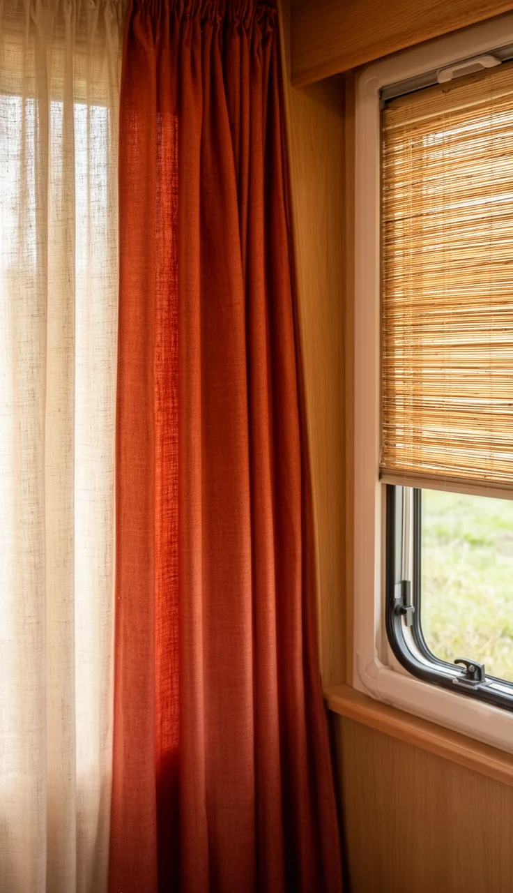 Layered curtain beside a natural blind with warm terracotta textiles