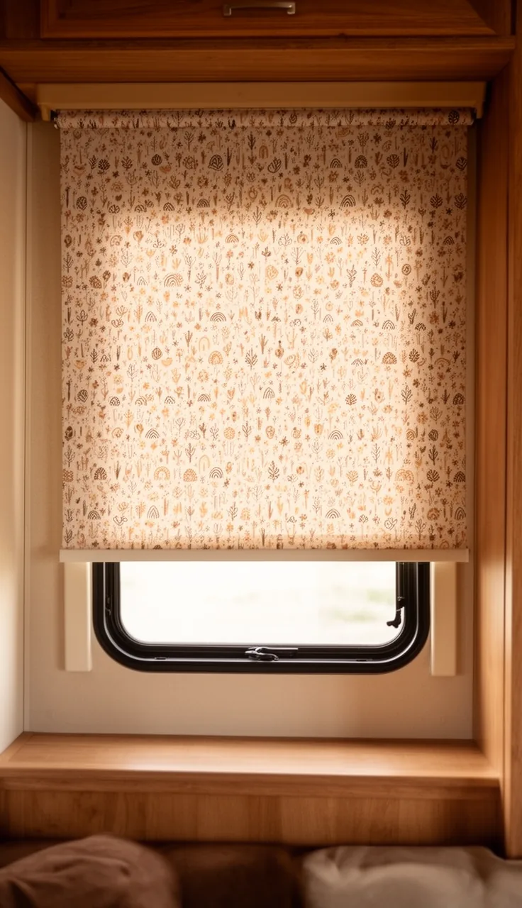 Patterned roller shade with a small boho print in a warm camper nook