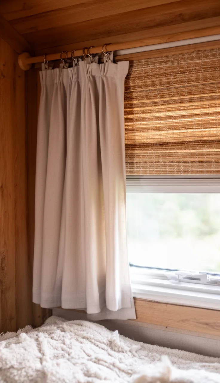 Soft neutral curtain with clip rings over a woven shade, boho layered