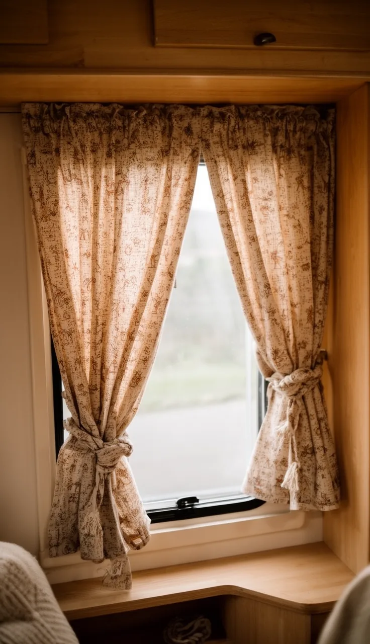 Earthy tie-up curtain with a tiny print in a relaxed boho camper window