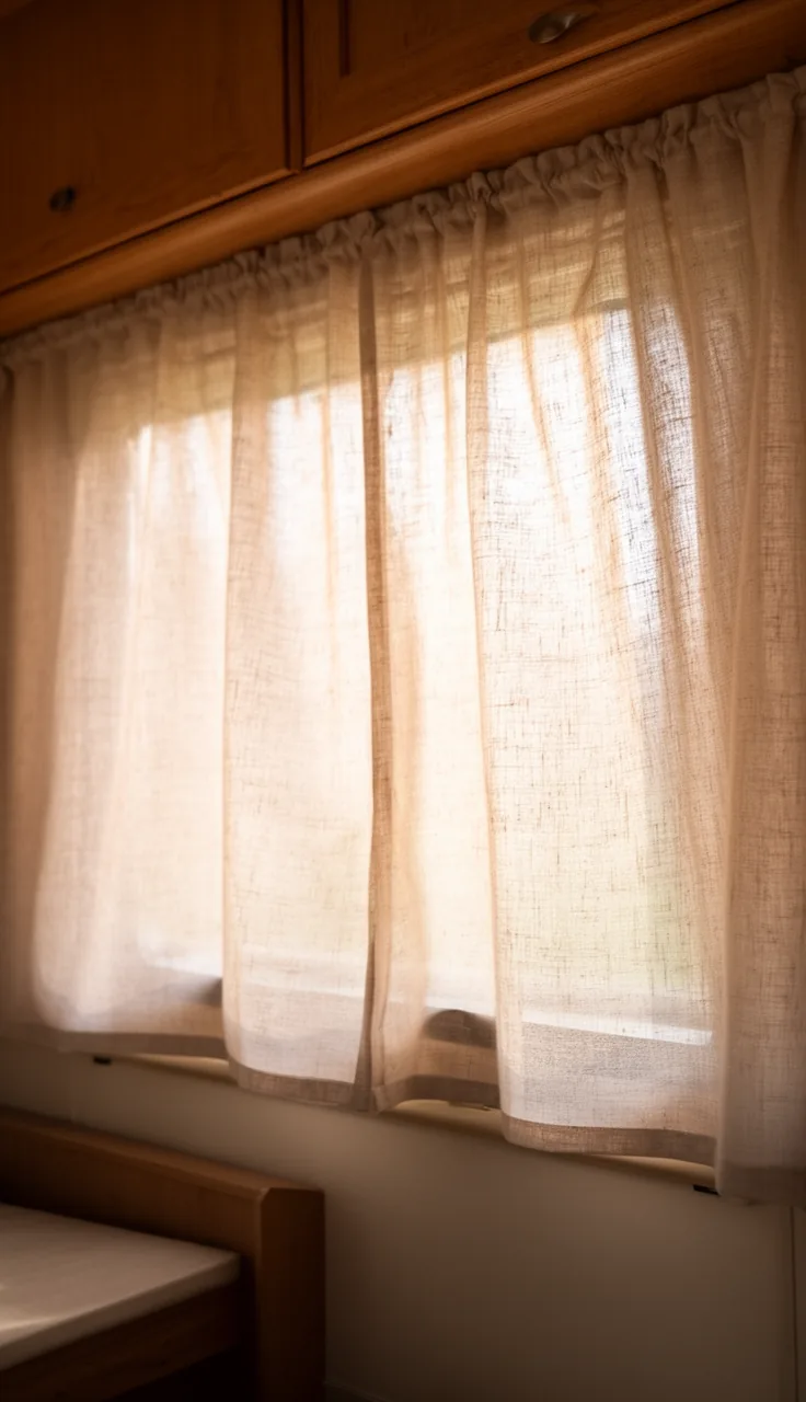 Relaxed sandy linen curtains moving softly in the breeze at a camper window