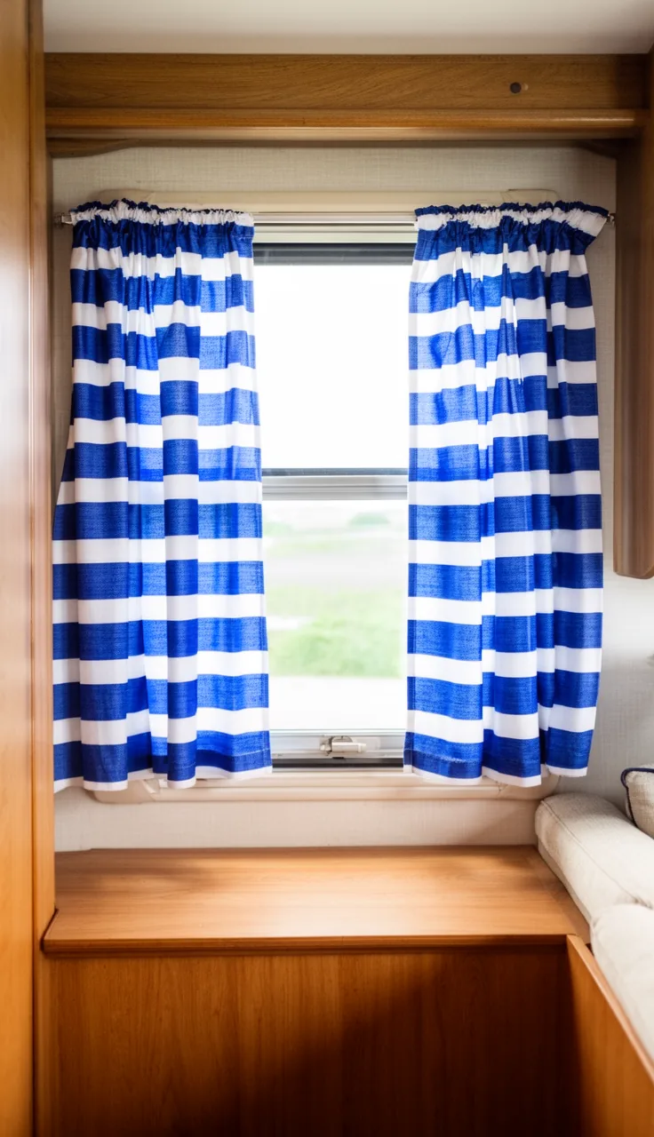Crisp blue and white nautical stripe curtains in a fresh camper nook