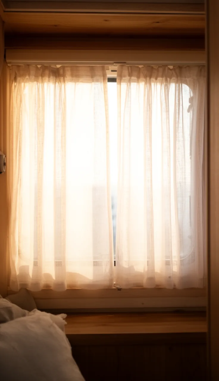 Airy sheer panels glowing with soft coastal light in a camper