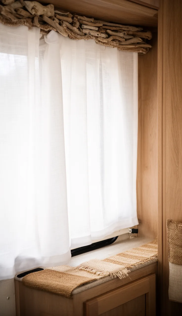 Soft white linen curtain with jute and driftwood tones in an RV