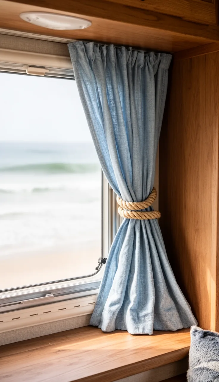 Light denim-blue curtain with rope accents in a breezy beachy camper
