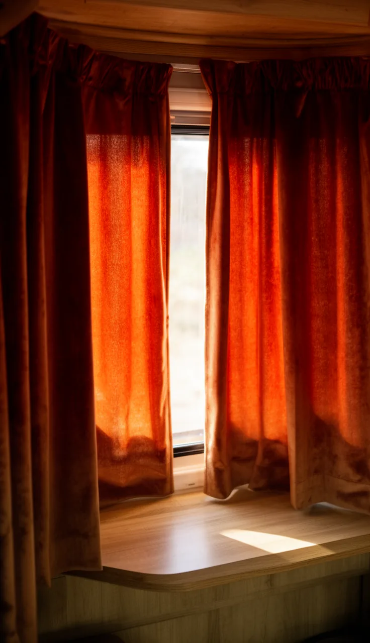 Rich rust velvet curtains glowing under warm lamplight in a camper