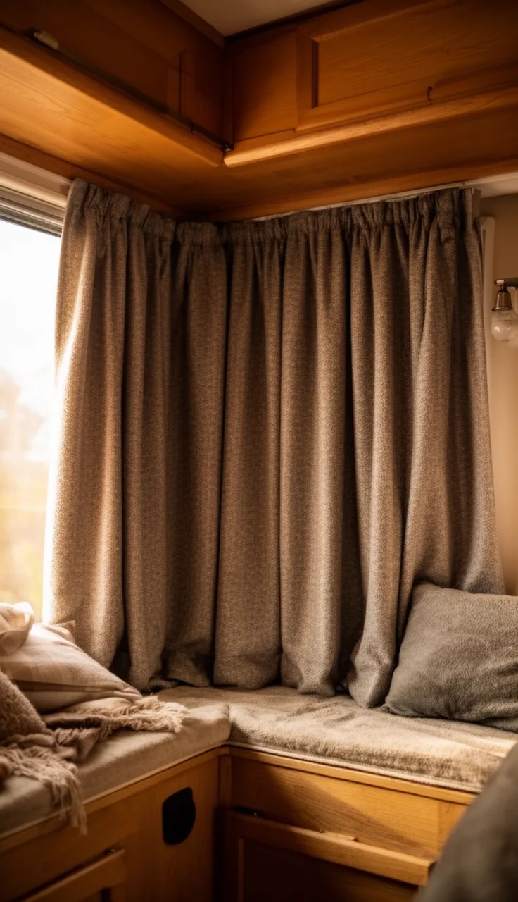 Thick thermal-lined curtains fully closed in a cozy warm camper nook