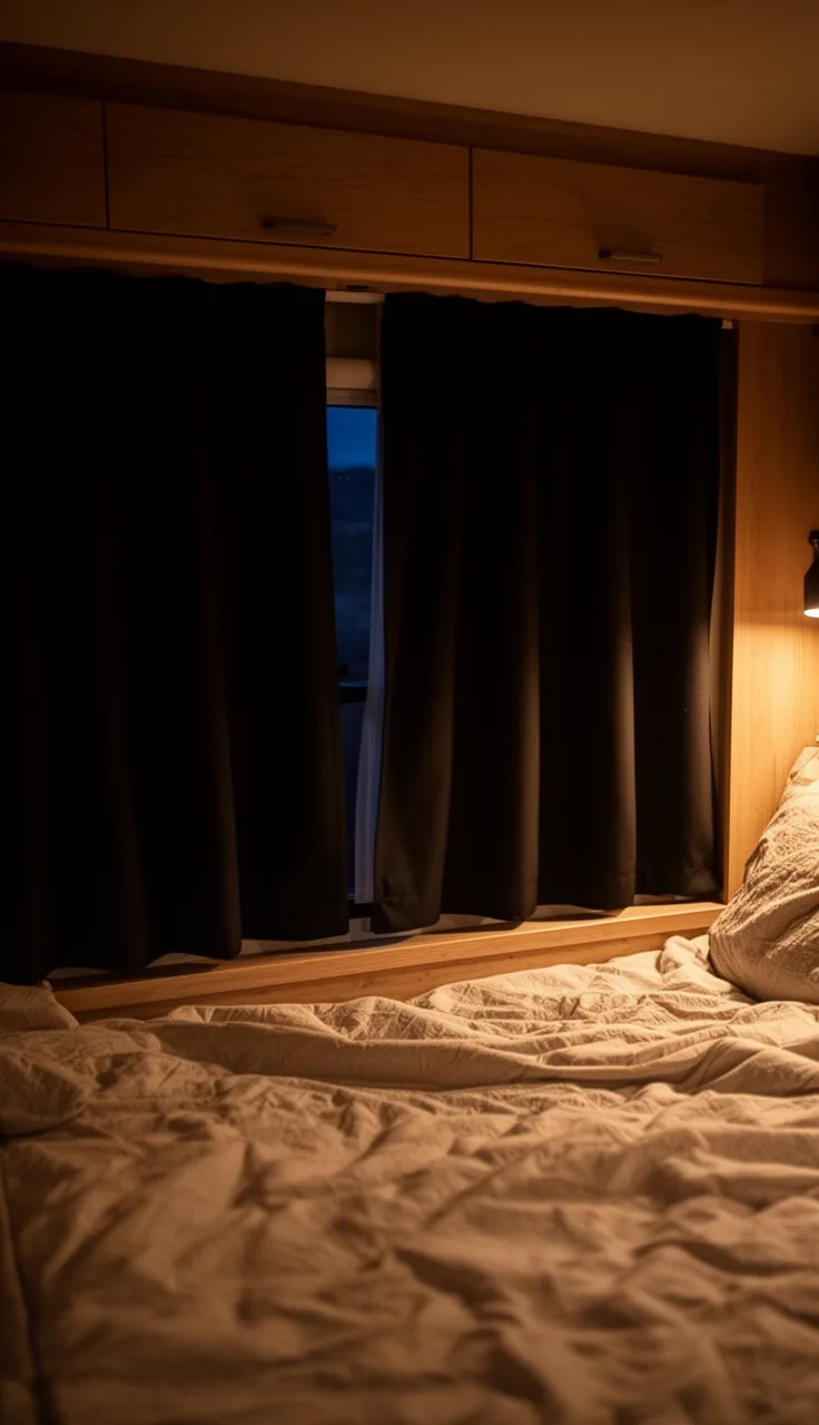 Deep warm blackout curtains in a snug camper bedroom at night