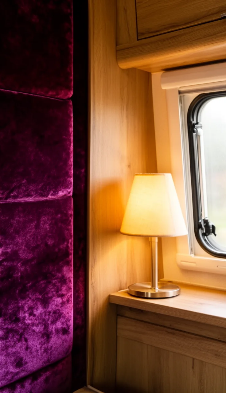 Plush velvet panel in a deep jewel tone beside a warm camper lamp