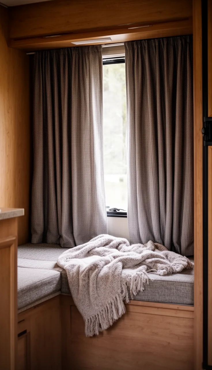 Heavy lined curtains with a soft throw on the bench in a cozy camper