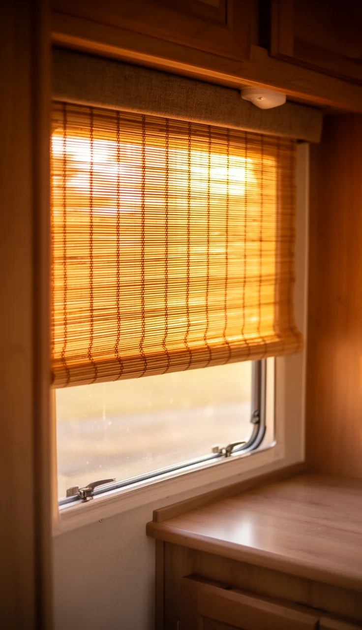 Woven bamboo roll-up shade glowing in warm afternoon light
