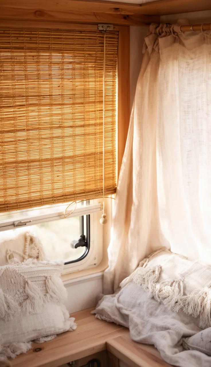 Natural woven wood blinds beside soft linen in a boho camper nook