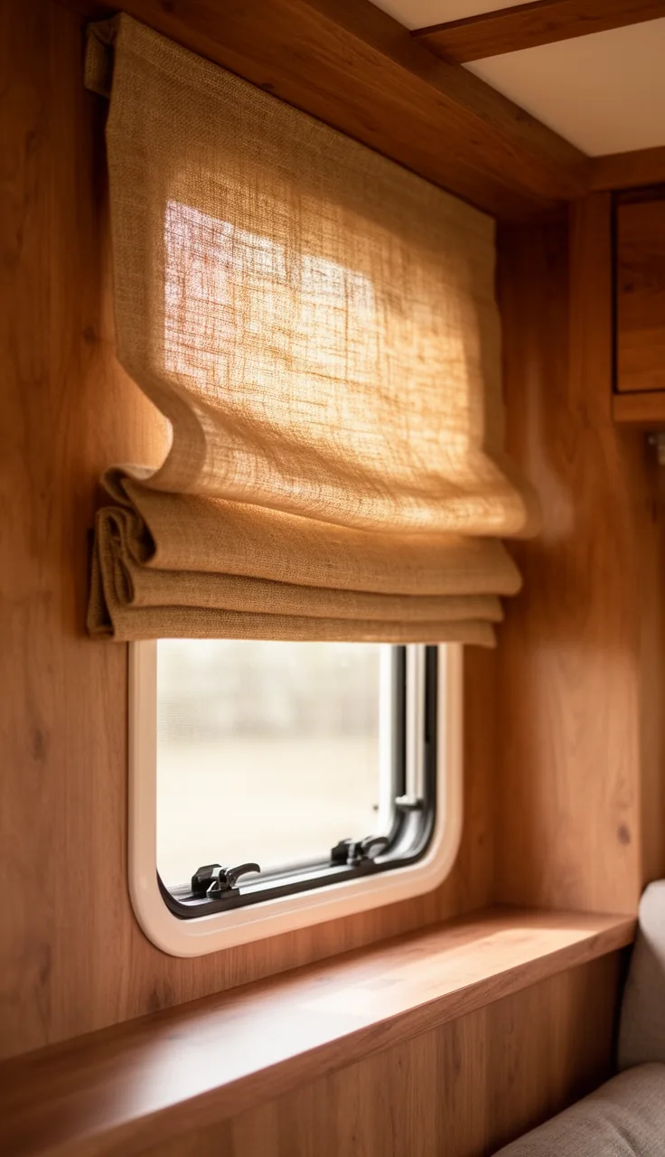 Jute-toned roman shade with soft folds on a warm wood camper window