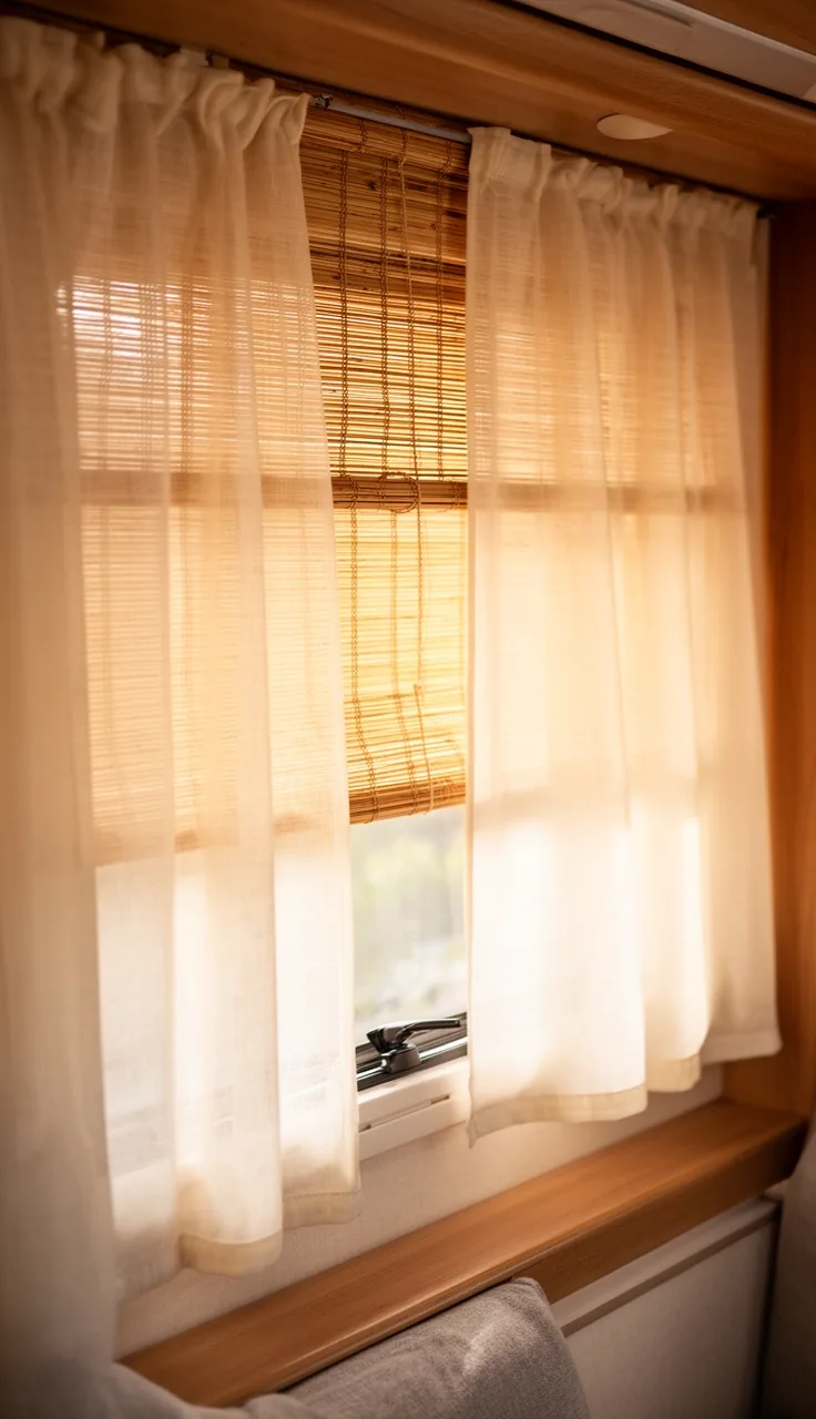 Bamboo shade layered under a soft cream curtain in a cozy RV