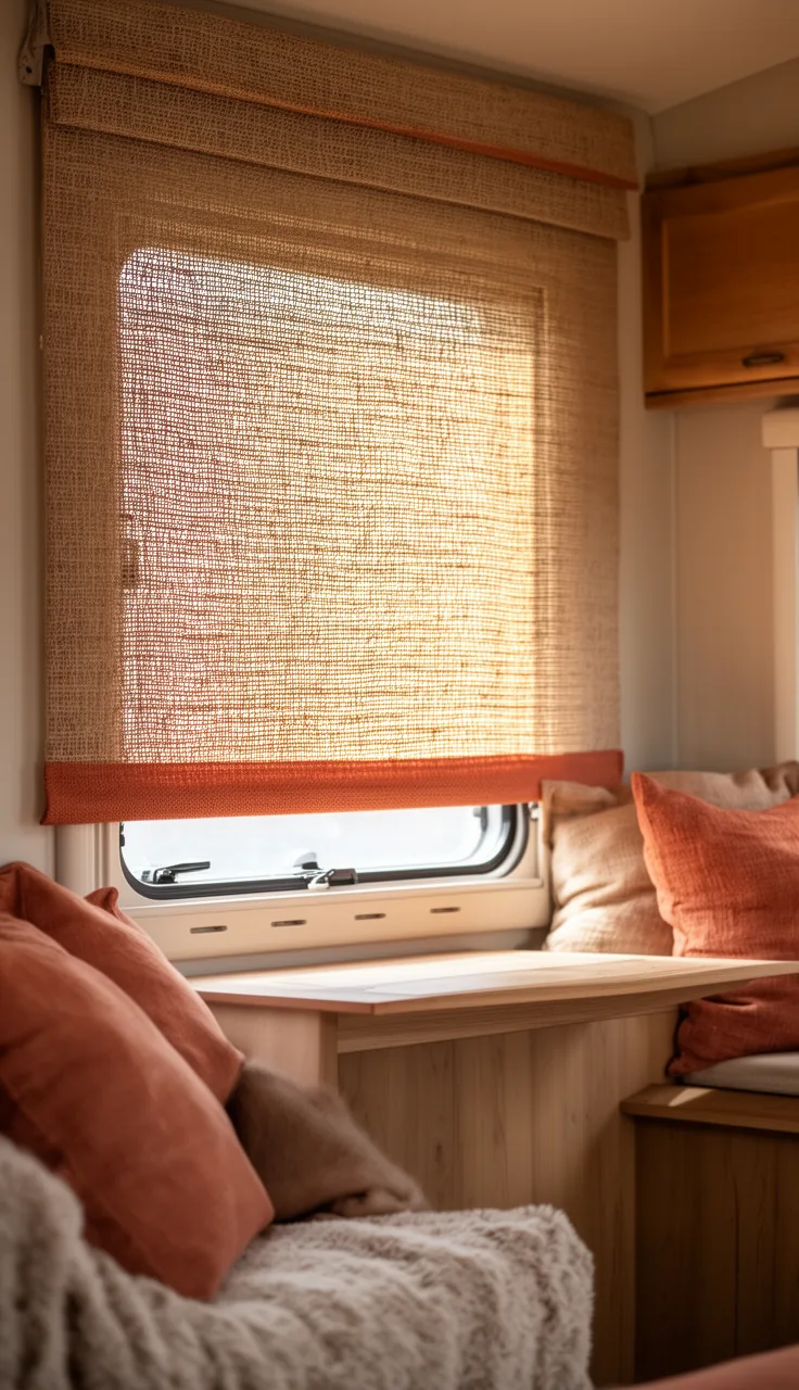 Earthy woven shade with terracotta accents in a relaxed camper nook