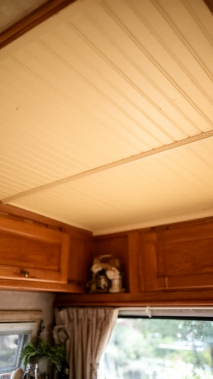 Soft cream beadboard ceiling panels running across a cozy cottage-style camper ceiling