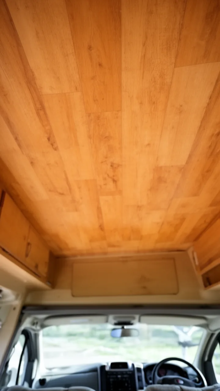 Warm honey peel-and-stick wood plank panels covering an easy renter-friendly RV ceiling