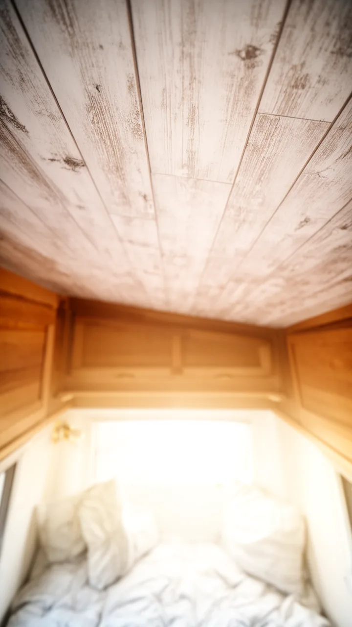 Whitewashed wood plank ceiling with soft weathered grain brightening a dark camper