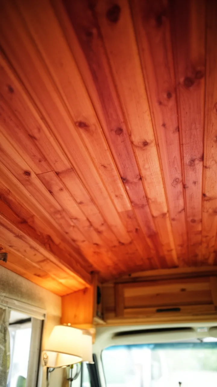 Natural cedar plank ceiling with rich warm wood giving a camper a cozy cabin feel
