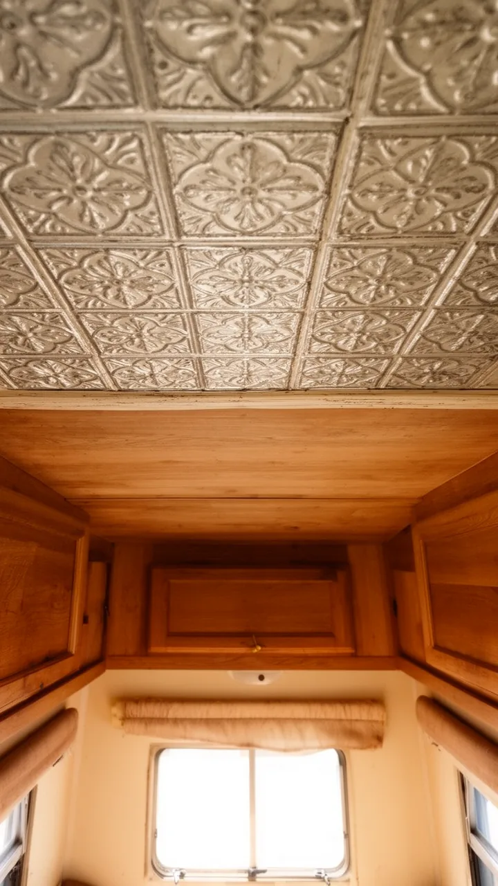 Embossed faux tin ceiling tiles in aged silver adding vintage charm to a camper ceiling