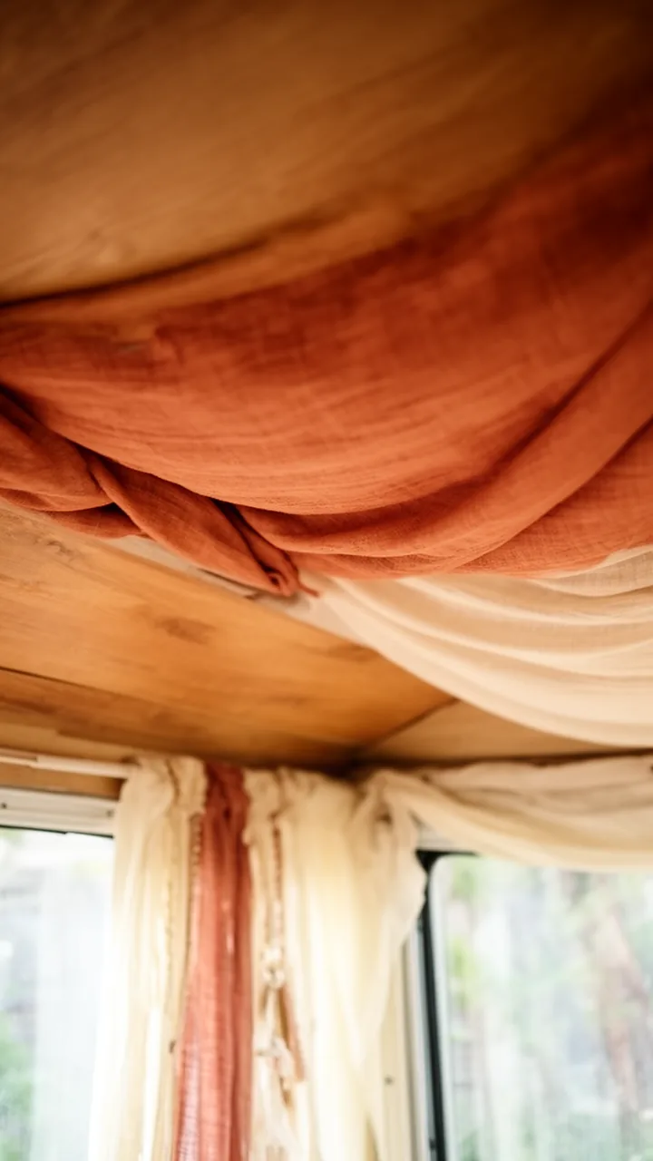 Soft terracotta and cream fabric draped across a boho camper ceiling nook
