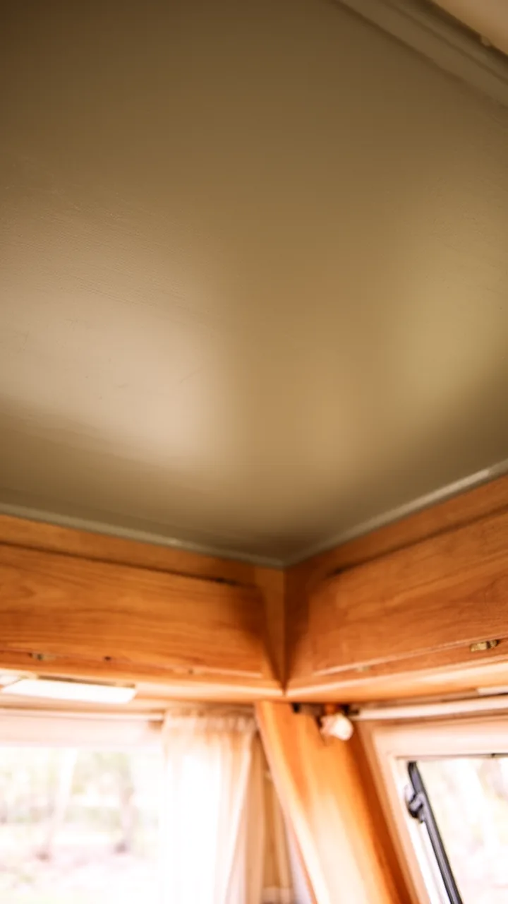 Camper ceiling painted a warm greige neutral for a clean bright finish