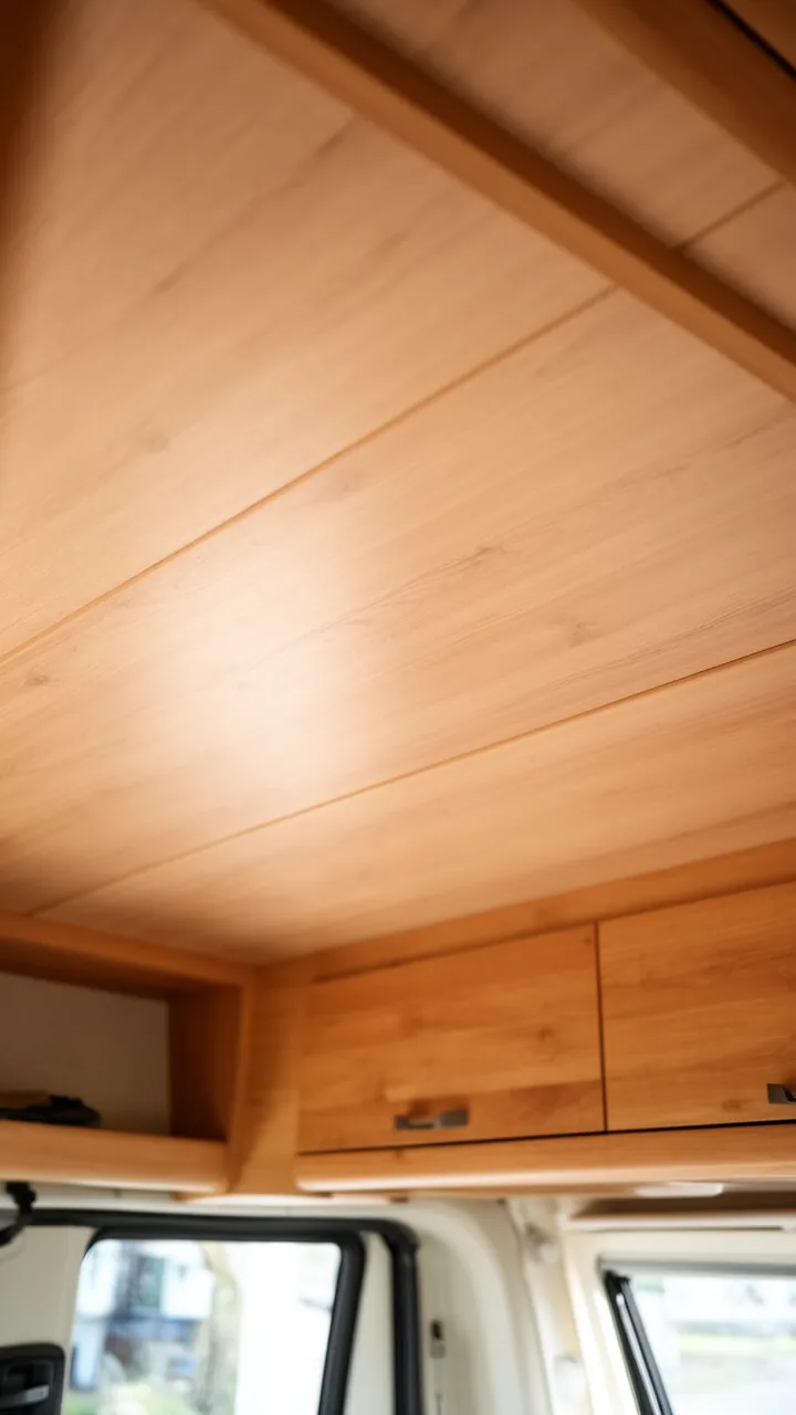 New light wood-look RV ceiling panels installed for a crisp clean full update