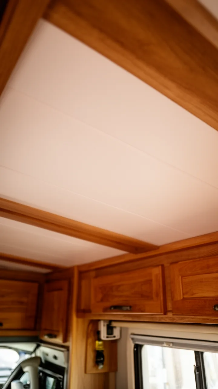 Smooth matte white vinyl ceiling panels in a camper kitchen for an easy-clean surface
