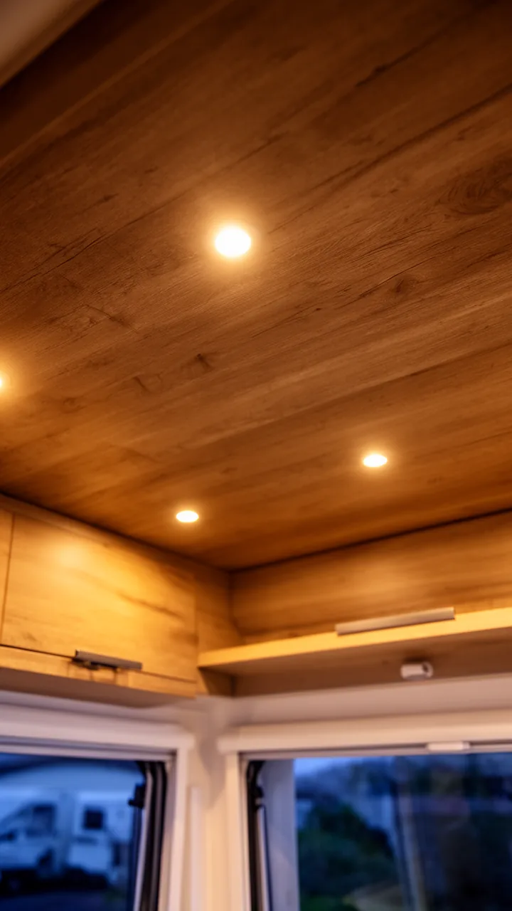 Recessed warm LED ceiling lights glowing evenly across a tidy camper ceiling at dusk