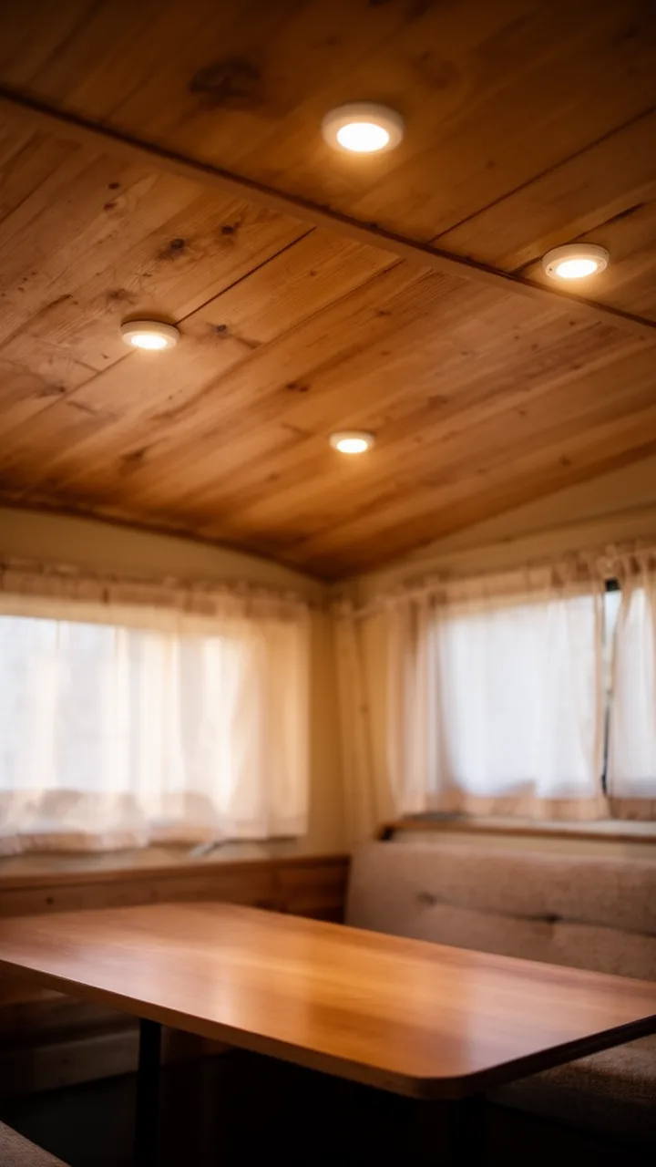 Small round puck lights on a camper ceiling casting warm pools over a cozy dinette