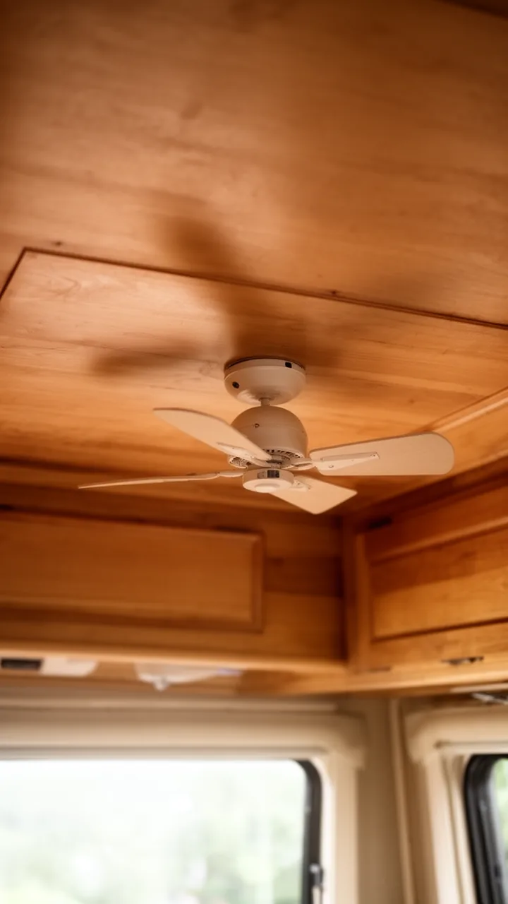 Small low-profile ceiling fan mounted flush on a warm wood camper ceiling