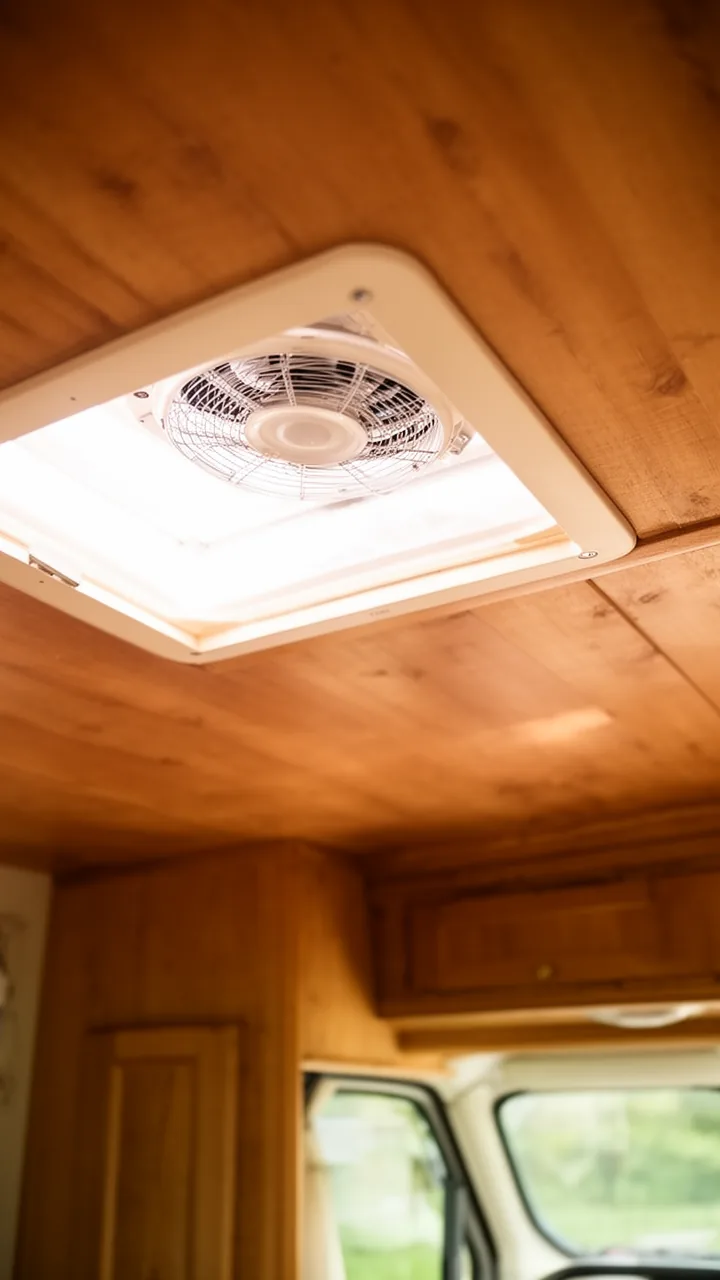 Open roof vent fan on a camper ceiling letting in bright daylight and fresh air