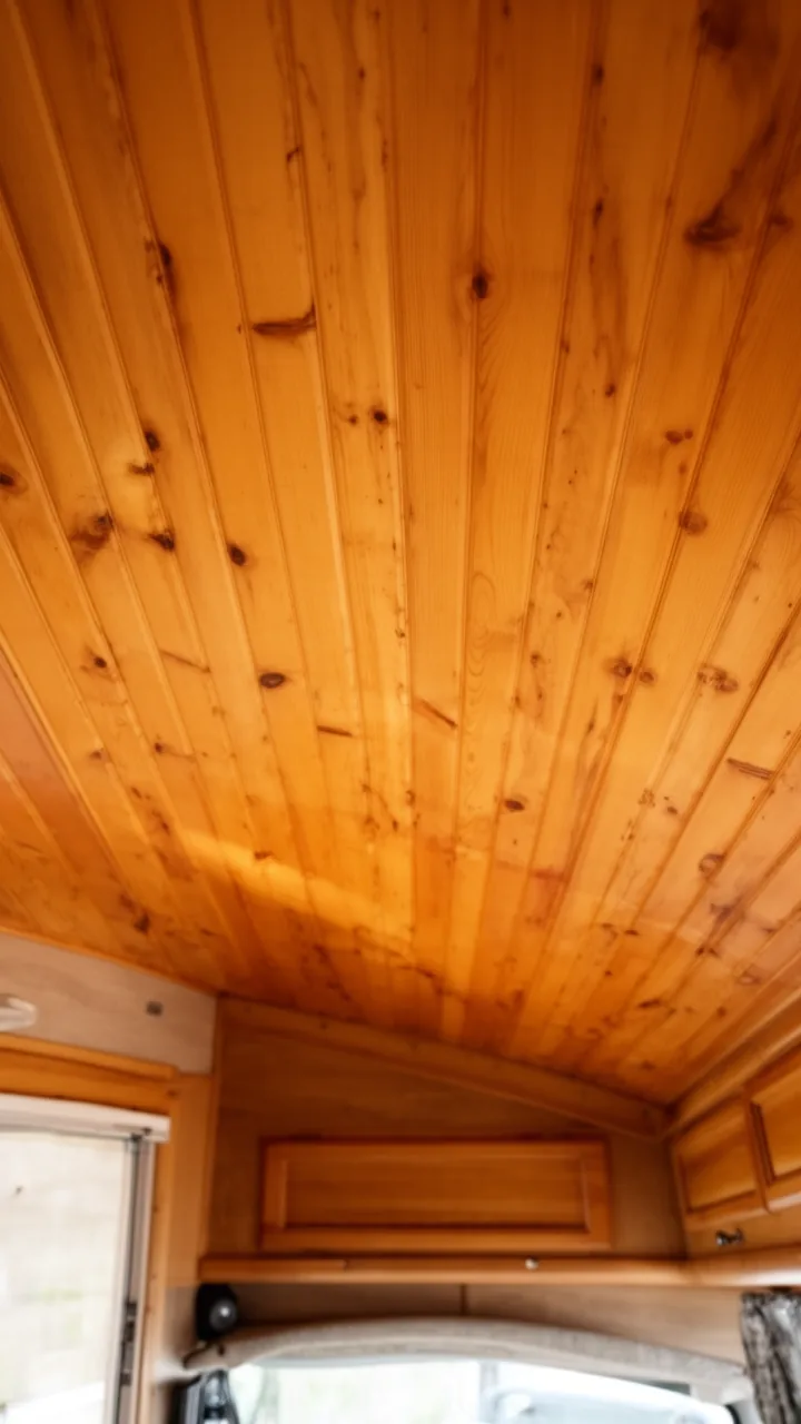 Warm knotty tongue-and-groove pine plank ceiling in a snug classic camper