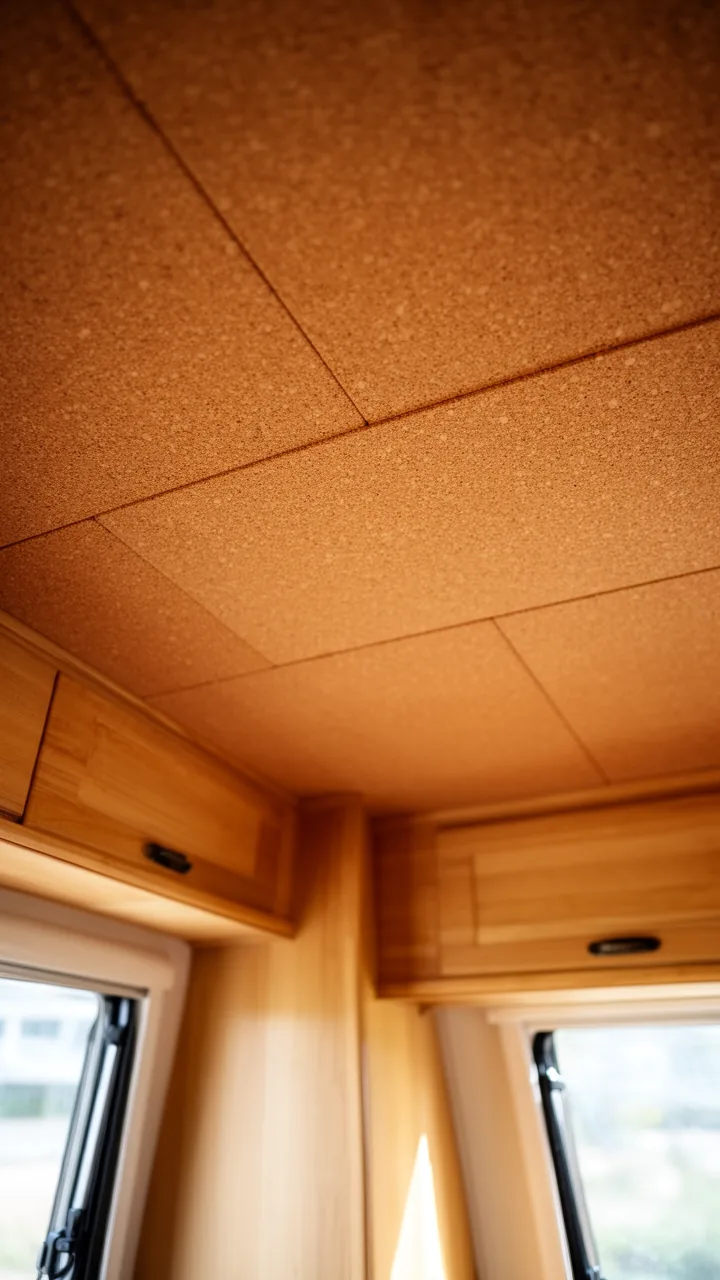 Warm honey cork ceiling tiles adding texture and quiet to a cozy camper nook