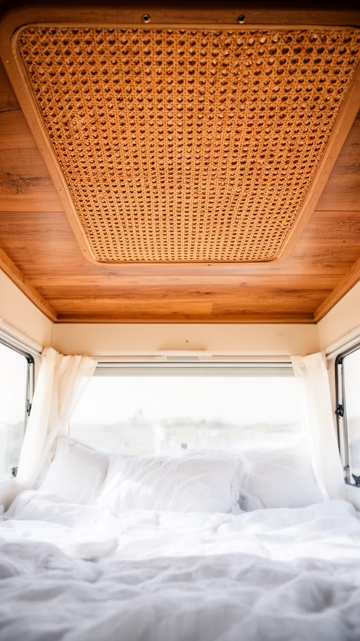 Woven rattan cane panel set into a camper ceiling for airy coastal texture