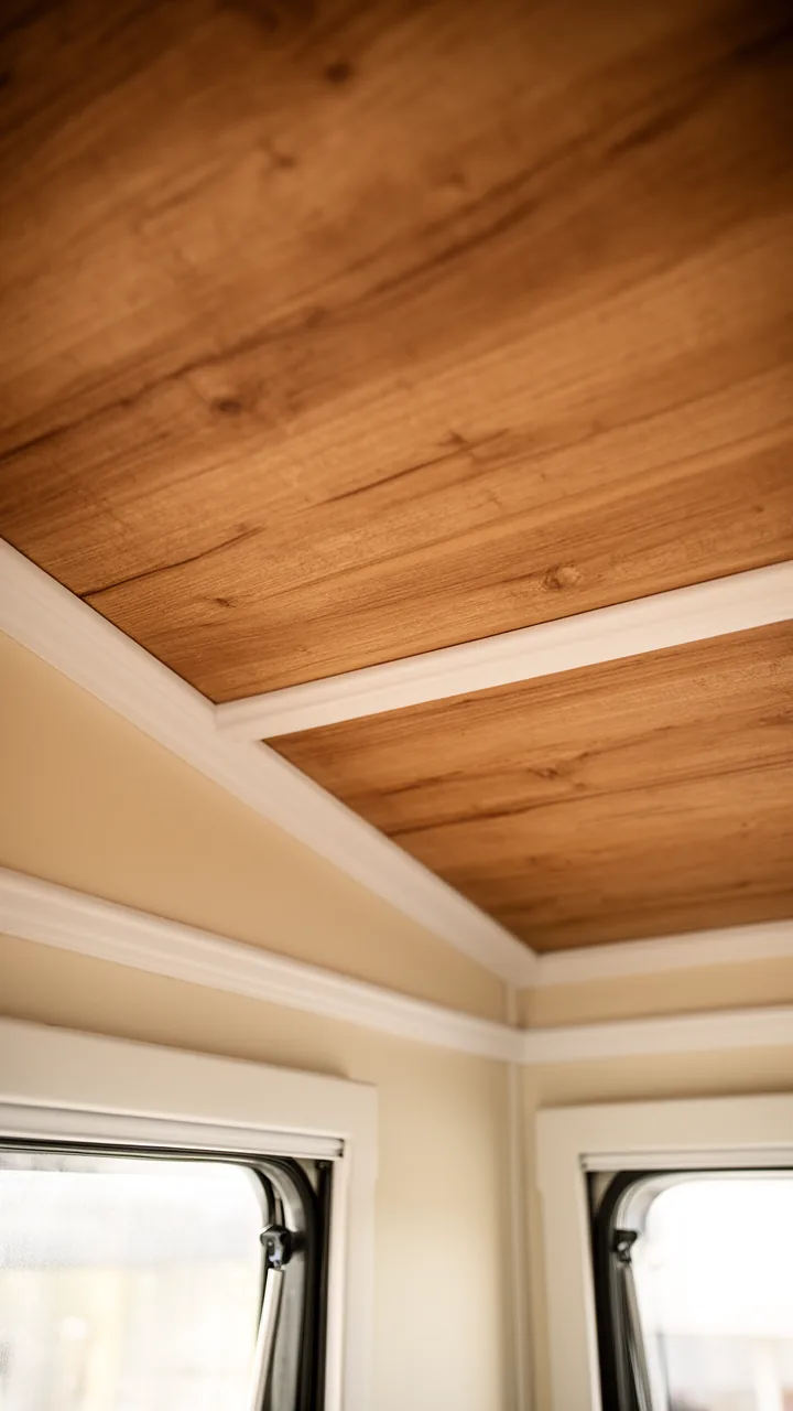 Slim white trim and molding finishing the edge where a camper ceiling meets the walls