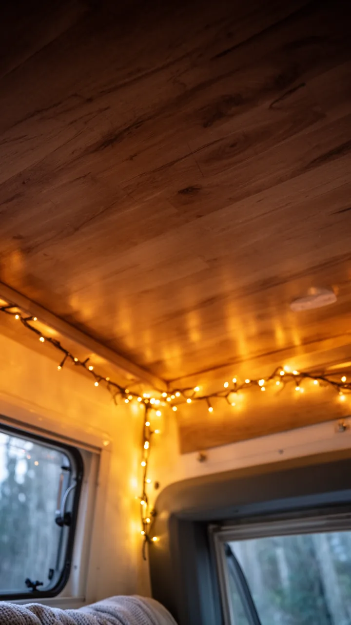 Warm string lights draped along a camper ceiling edge for a soft golden nighttime glow